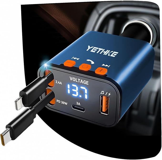 Bluetooth Car Adapter with Retractable Charger,[Upgrade] Bluetooth 5.4 FM Transmitter for Cars, 4 in 1 Fast Car Charger 69W, Handsfree Call, 2*Retractable Cable for iPhone 17/16/15/14, Galaxy-Blue