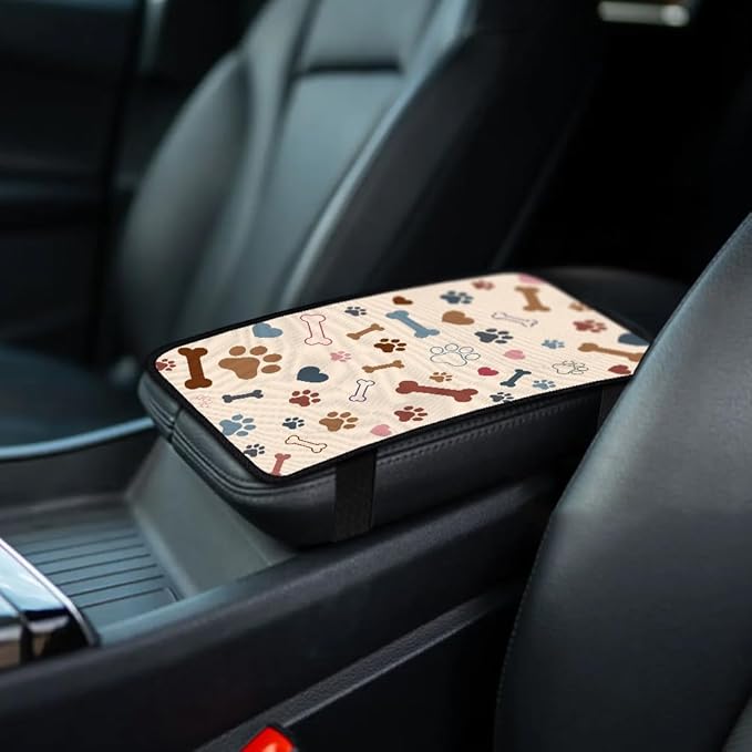 1pc Center Console Armrest Cover Pad 12.6x7.5 inch Dog Paw Prints Bones Neoprene Car Armrest Cushion Waterproof Armrests Seat Box Cover Protector for Universal Cars Vehicles SUVs