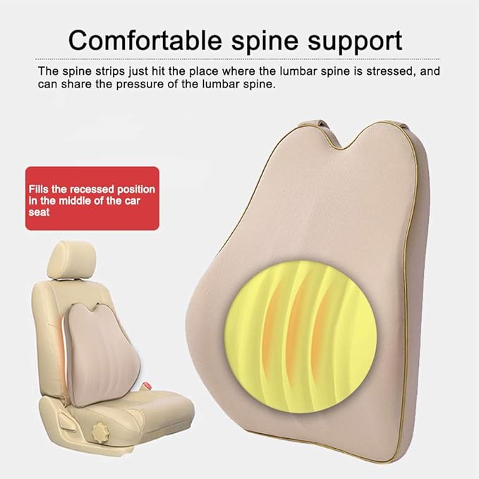 Car Lumbar Support Back Cushion & Headrest Neck Pillow Kit Cushion Memory Foam Universal Fit Major Car Seat with Back Pain Relief for Car Office Home 1PCS Beige