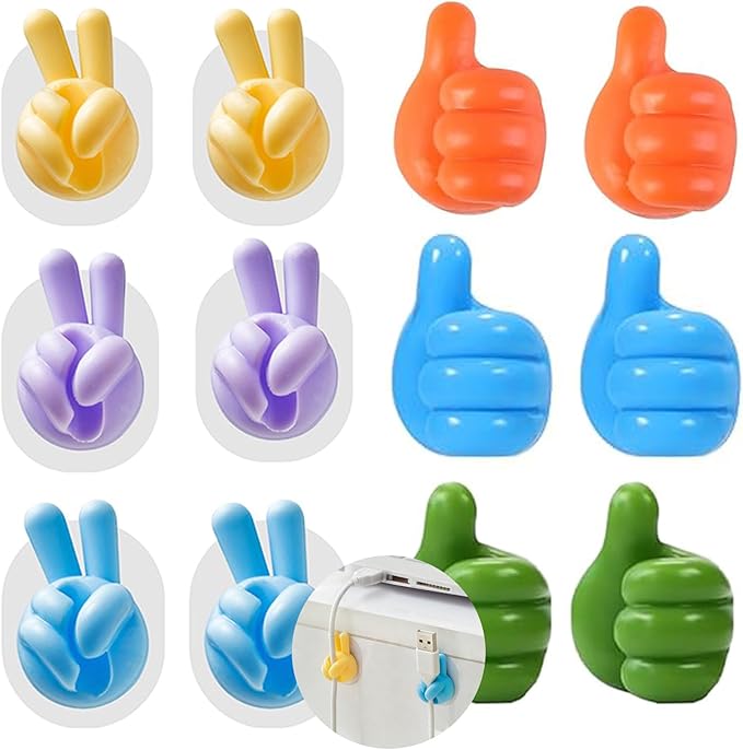 12Pcs Silicone Cord Holders, Thumbs Up Wall Hook for Keys Cord Organizer, Self Adhesive Cable Clips Hooks, Cool Office Gadgets for Desk Stuff