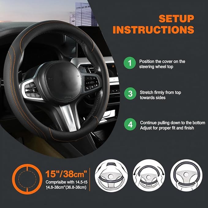 HZEL Car Steering Wheel Cover, 15 Inch Leather Comfortable Vehicle Steering Wheel Protector with Inner Rring, Anti-Slip Automotive Interior Accessories, Universal for SUV RV Truck (Black/Orange)