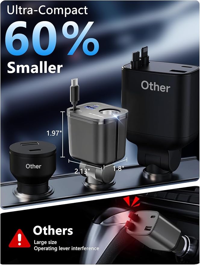 4 in 1 Retractable Car Charger, [60% Smaller] 145W USB C Cigarette Lighter Adapter, Socket Splitter with Retractable Cable&USB-C/A Port, 12V/24V Fast Charging Car Phone Charger for iPhone 17 Pro Max