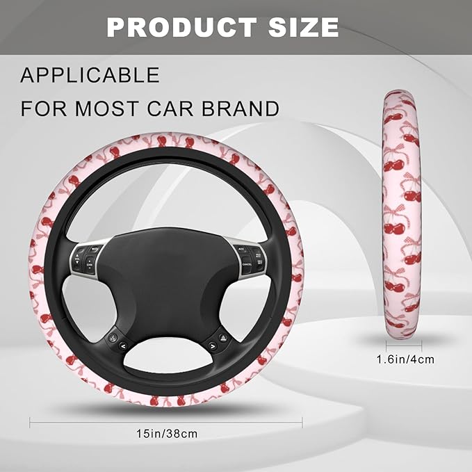 Pink Cherry Steering Wheel Cover, Cute Kawaii Anti-Slip Breathable Car Accessories Interior Elastic Steering Wheel Cover for Women Girly Gifts Fit Auto, SUV Vans Truck Universal 14.5-15 Inch