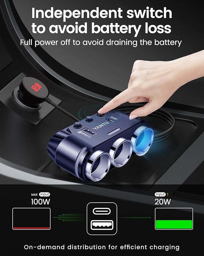 YANTU QC3.0&PD 40W Cigarette Lighter Adapter, 3-Socket 140W Cigarette Lighter Splitter with 12v USB Outlet,Car Charger Adapter with Double/Dual/USB C Charger Multi Port/Plug Outlet for Car Devices