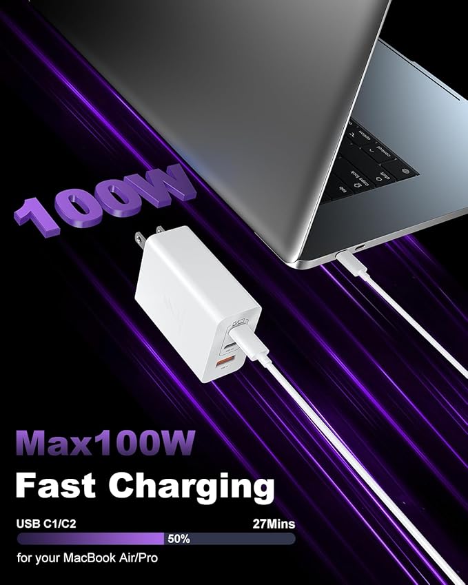 USB C Charger Block 100W, 3-Port GaN Super Fast Phone Charger for Samsung, Type C 65W Laptop Chargers with 10ft USB C Charging Cable for MacBook Pro/Air,iPad Pro, iPhone 17/16, S26 Ultra/S25[2 Pack]