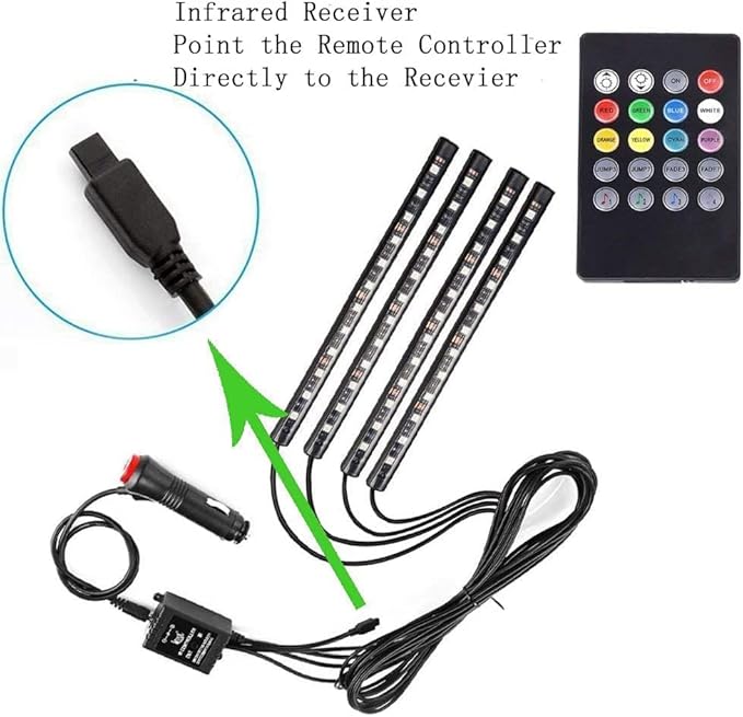 Car LED Strip Light,Uniwit 4 Pieces DC 12V Multicolor Car Interior Music Light LED Underdash Lighting Kit with Sound Active Function and Wireless Remote Control Including Car Charger