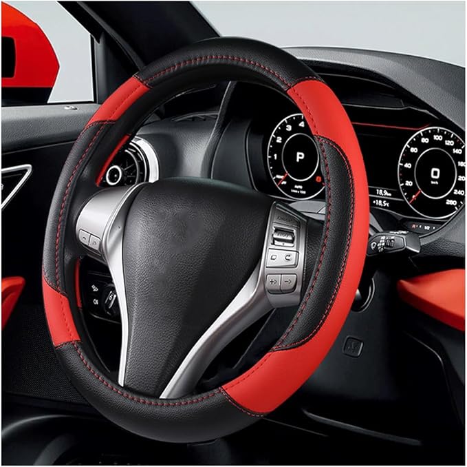 BELOMI Leather Car Steering Wheel Cover, Universal 15 Inch for Car Truck SUV, Non-Slip and Breathable, Sport Style Design Odorless Steering Wheel Protector, Automotive Interior Accessories (Red)
