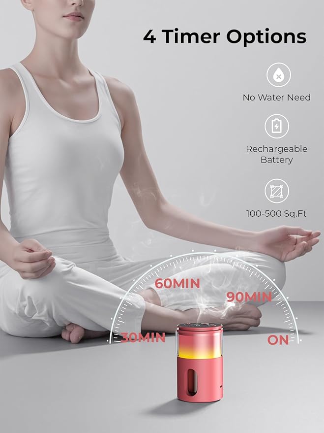 Waterless Essential Oil Diffuser: 9 Colors LED Scent Diffuser for Home&Car&Office - Portable Diffuser with 48H Battery, 4 Timers & 3 Mist Levels, Bright Red