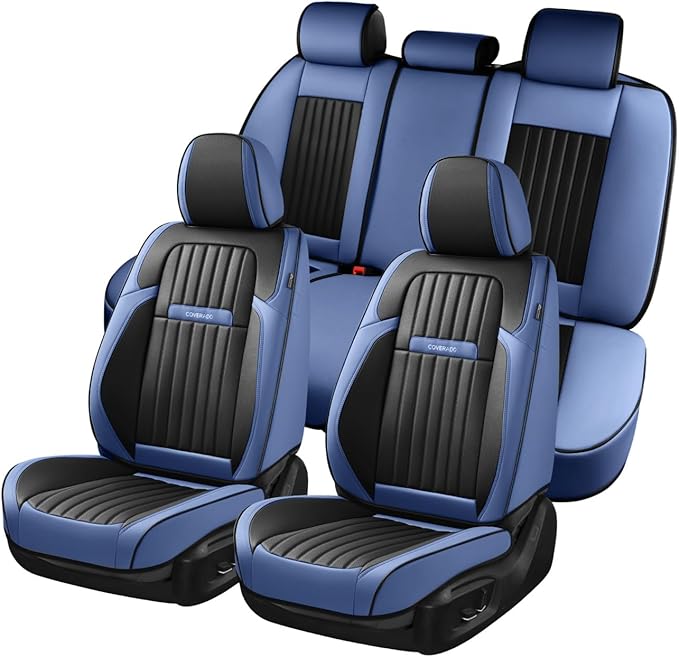 Coverado Car Seat Covers Full Set, Car Seat Protector Car Seat Cushion, Nappa Leather Seat Covers for Cars, Front and Back Seat Protectors Cushions Universal Fit for Most Cars Vehicles(Blue&Black)