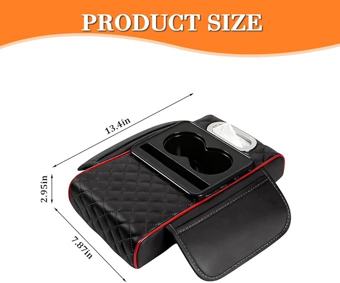 Car Armrest Cushion, 5-in-1 Nappa Leather Vehicle Centre Console Cover with 2 Storage Pockets, Cup Phone & Phone Holder, Multifunctional Auto Organiser Accessories, Universal Fit (Black/Red)