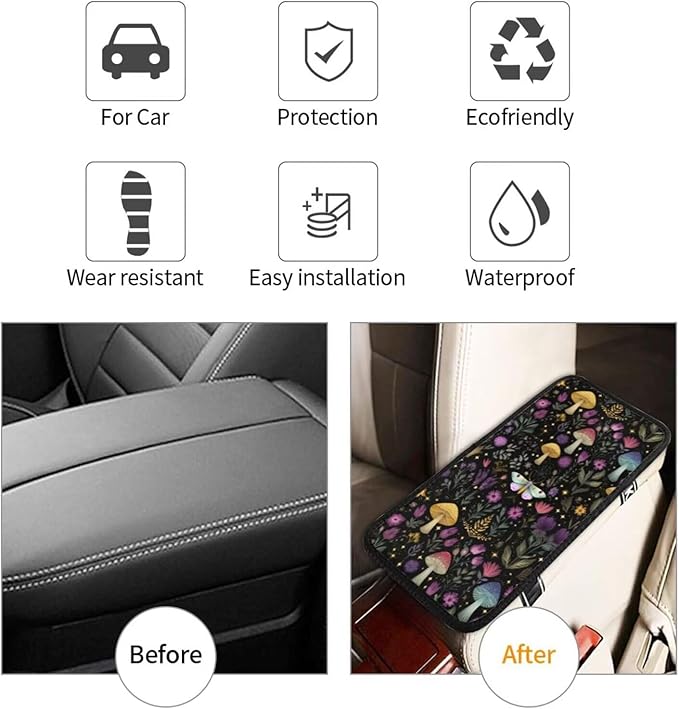 Mushroom Print Center Console Cover Boho Herbs Leaf Armrest Seat Box Covers Protector Black Vintage Car Decor Accessories Scratch Resistant Middle Console Lid Cushion Pad
