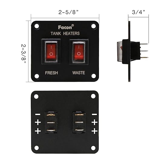 Facon 12Volts Switch Box Panel, 20Amps Rocket On&Off Switch with Red Indicator Light for RV Tank System, IP66 Waterproof Control Gang Kit System for RV Tank Heating Pad