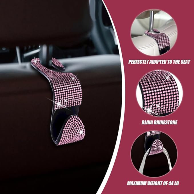 2 Pack Car Seat Headrest Hook, Bling Car Hooks Front Seat, Back Seat Organizer Hanger Storage Hook Car Purse Hook for Bags, Clothes, Coats, Grocery Bags (Pink)