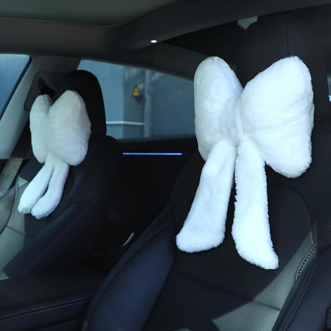 Macarrie 2 Pcs Car Neck Pillow Plush Butterfly Bow Car Headrest Pillow Comfortable Seat Neck Support Cute Car Head Rest Accessories for Driving Travel Driver Chair Girl Style Interior Decor(White)