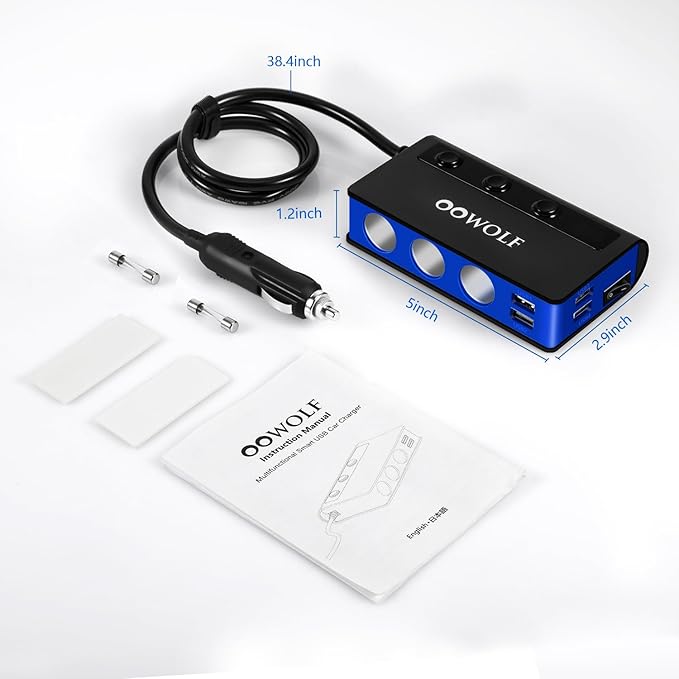 OOWOLF 7 in 1 180W Quick Charge 3.0 Cigarette Lighter Adapter, with Cigarette Lighter Function, for 12V-24V Car, 3-Socket Splitter, 4 USB Ports Car Power Adapter for GPS, Dash Cam, Phone, Tablet etc