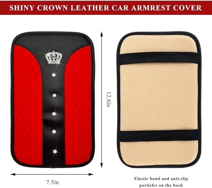 Bling Leather Car Center Console Cover, Anti-Slip Crown Armrest Seat Box Cushion Pad with Rhinestones, Waterproof Crystal Arm Rest Protector Interior Decor for Most Vehicles (Red)