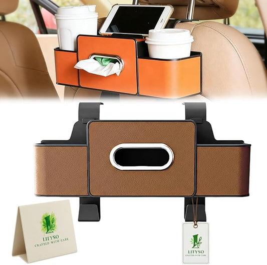 Car Backseat Organizer Multifunction Storage Box Vehicle Seat Accessories Cup Tissue Trash Hooks Phone Snack Drink Handbag Leather Interior Utility Portable Durable Easy Installation Secure(Brown)