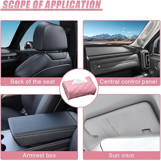Car Tissue Holder, Soft PU Leather Auto Backseat Napkin Holder, Rectangle Hanging Tissue Box for 100-150 Standard Tissues, Universal Car Interior Storage & Organization Accessories (Pink)