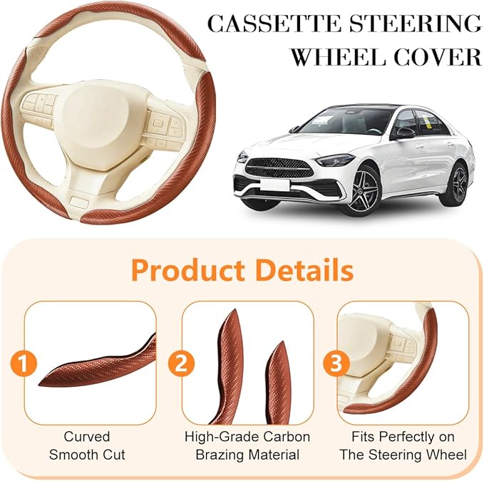 3PCS Carbon Fiber Car Steering Wheel Cover, Leather Segmented Anti-Skid Steering Wheel Protector, Snap on Automotive Interior Protection Accessories, Universal for Vehicles (Champagne)