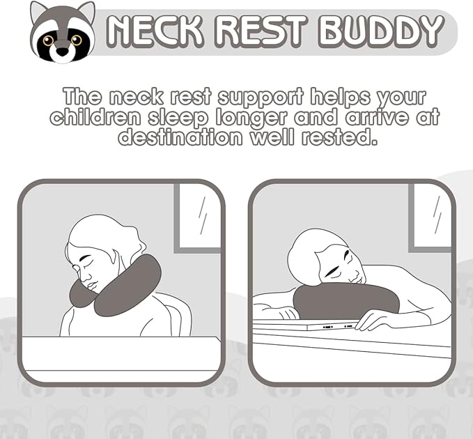 H HOMEWINS Travel Pillow for Kids,Cute Animal Neck Pillow for Boys Girls,Soft Neck Head Chin Support Pillow,Travel Accessories for Airplane, Car, Train,Recline(Raccoon)
