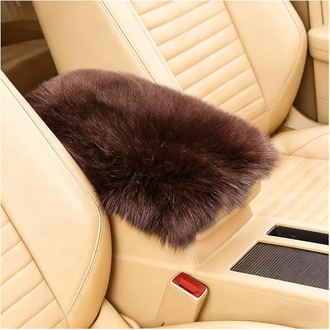 Car Center Console Cover, Fluffy Soft Vehicle Middle Console Arm Rest Cushion Pad, Furry Automotive Interior Armrest Seat Box Protector Decoration Accessories, Universal Fit (Coffee)