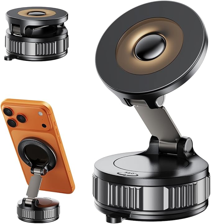 Magnetic Car Phone Holder, Strong Magnet with Vacuum Suction Cup Dashboard Mount, 360° Rotatable Adjustable Angle, Foldable Lightweight Car Phone Stand for iPhone 17/16/15/14/13/12 Pro Max