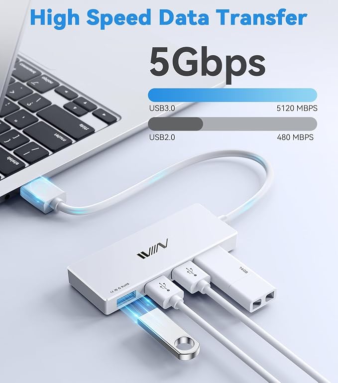 USB 3.0 Hub, 4 Port USB Hub Splitter, USB A Expander Portable USB Adapter Multiport Data Hub for Laptop, iMac Pro, MacBook Air, Mac mini/Pro, Surface Pro, USB Flash Drives, and Mobile HDD-White