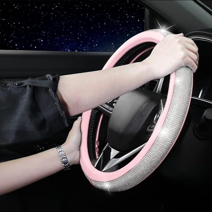 Steering Wheel Cover Women Pink Bling Diamond Steering Wheel Cover, Leather Cute Steering Wheel Covers with Crystal Rhinestones, Breathable, Anti-Slip Universal Fit 14.5-15 Inch Bling Car Accessories