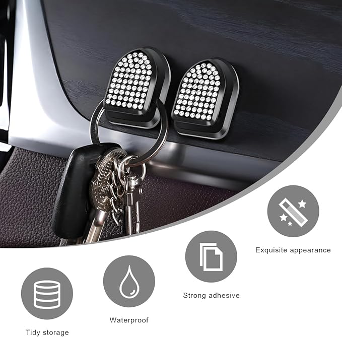 4 PCS Bling Car Mini Hooks, Cute Rhinestone Adhesive Back Seat Auto Hangers, Multifunctional Crystal Hanging Storage Hook for Vehicle Dashboard Wall Hat Coat Towel Key (White)