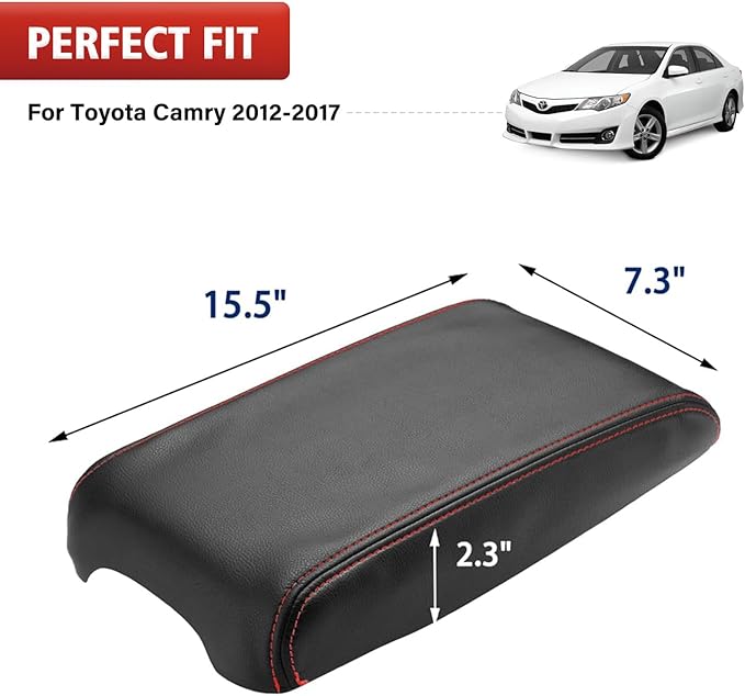 KBH Center Console Armrest Cover Replacement for Toyota Camry 2012 2013 2014 2015 2016 2017, Vinyl Leather Arm Rest Skin Upholstery, Black-Red Stitch (Leather Part Only)