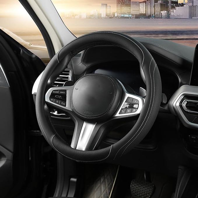 HZEL Car Steering Wheel Cover, 15 Inch Leather Comfortable Vehicle Steering Wheel Protector with Inner Rring, Anti-Slip Automotive Interior Accessories, Universal for SUV RV Truck (Black/White)