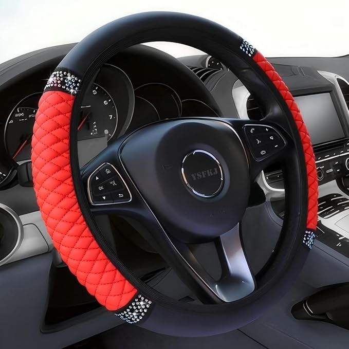 Soft Leather Car Steering Wheel Cover, Universal 15 Inch Colorful Rhinestones Anti-Slip Elastic Steering Wheel Covers for Most Cars, Sparkly Crystal Diamond for Women Girls (Red)