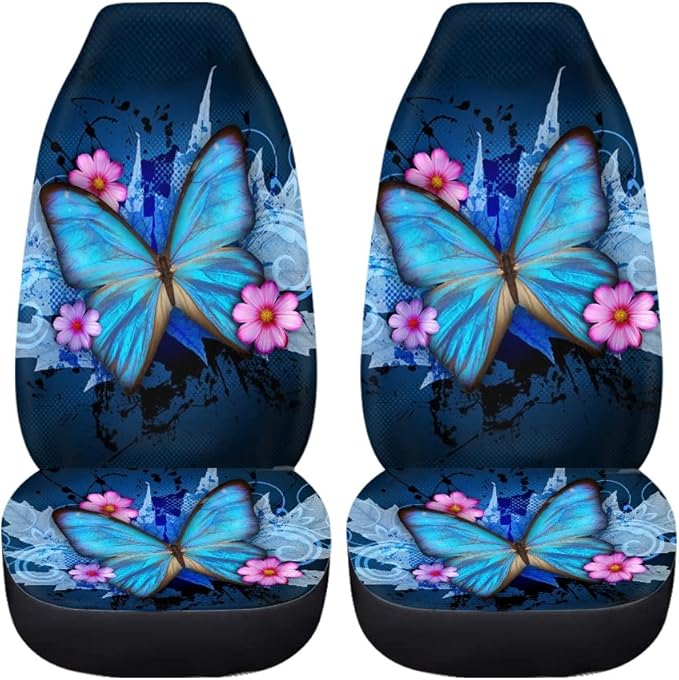 BIGCARJOB Trendy Car Seat Covers Ble Butterfly Print High Back Seat Cover Set of 2 Ultra-Soft Universal Fit