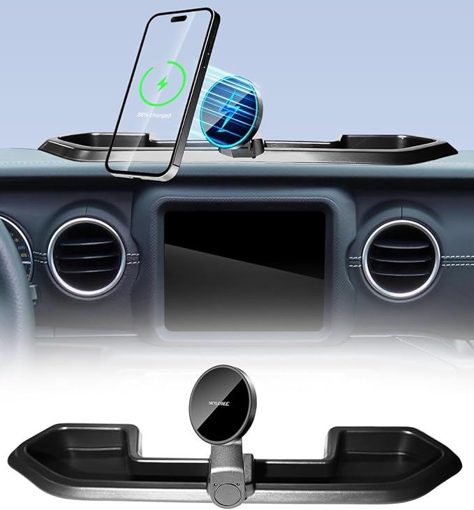 Phone Holder for Jeep Wrangler JL 4XE 2021 2022 2023 Accessories Car Magnetic Phone Mount Compatible with MagSafe, Strong Magnets Fast Wireless Charger Dashboard Mount Dash Tray(Not Fit 4X4/Gladiator)