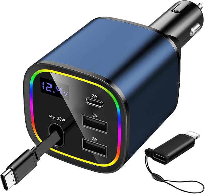 Car Charger USB C Fast Charge, AGEMANY 78W Cigarette Lighter Adapter with C Cable RGB Light & Voltage Display, 4in1 Retractable Car Phone Charger for iPhone 16 15 Android, Car Accessories Gift (Blue)