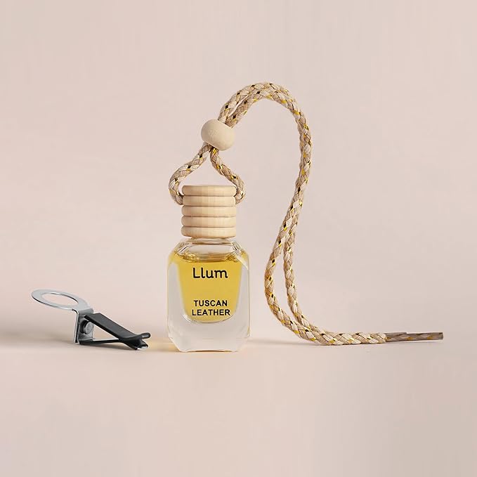 Llum Tuscan Leather Hanging Car Air Freshener – Luxury Automotive Perfume Diffuser 10ml (0.34 fl oz), Long-Lasting Fragrance, Alcohol-Free Non-Toxic Scent, Glass Bottle With Wood Cap & AC Vent Clip