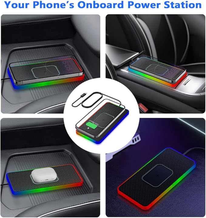 Cordless Car Charging Pad for GMC Sierra HD 2013 2014 2015 2016 2017, 5W/7.5W/10W/15W/20W Charging, Trim-to-Fit Non-Slip Phone Charging Mat with 8 Ambient Light Modes, 100cm Cable,B Type-C