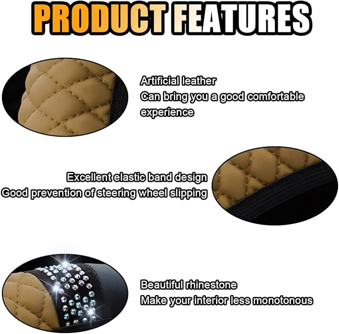 Bling Soft Leather Steering Wheel Cover, 15 Inch Colorful Rhinestones Auto Elastic Protector with Crystal Diamond for Women Girls, Car Accessories for Most Cars, SUVs (Beige)