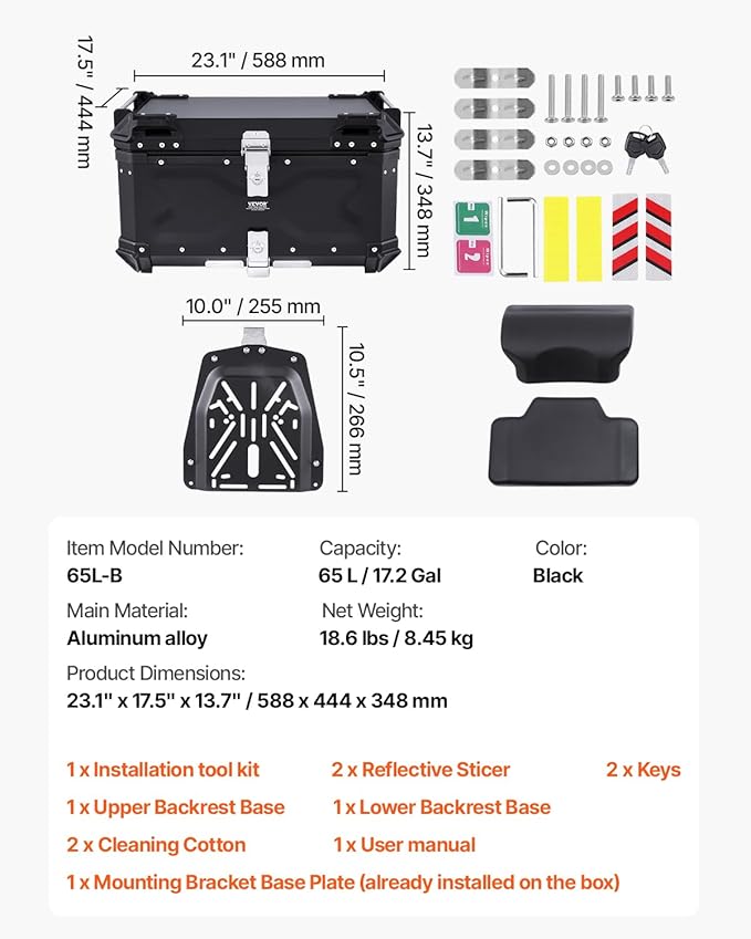 VEVOR Motorcycle Top Case 65L, Universal Aluminum Alloy Motorbike Tail Box with Leather Lining, Waterproof Detachable Motorcycle Top Box with Lock & Back Cushion, Fit for 99% of Motorcycle Frames