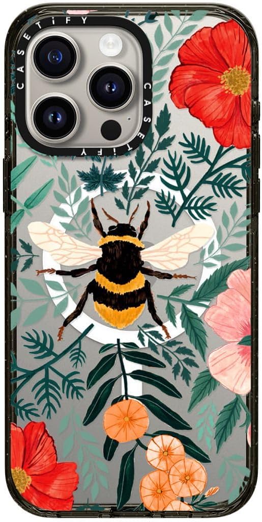 CASETiFY Impact iPhone 15 Pro Max Case [4X Military Grade Drop Tested / 8.2ft Drop Protection/Compatible with Magsafe] - Bee in The Flowers - Clear Black