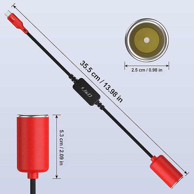 J&D USB C Male to 12V Car Cigarette Lighter Socket Female Converter Cable, 12V 18W Power Cable for Dash Cam, GPS, Car LED Light Strips, Red, 1 ft