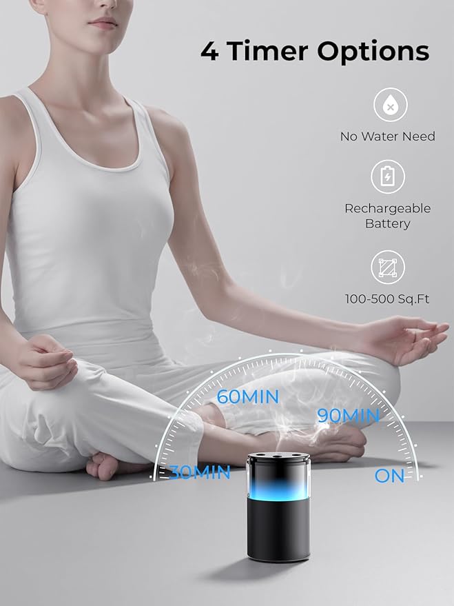 Waterless Essential Oil Diffuser: 9 Colors LED Scent Diffuser for Home&Car&Office - Portable Diffuser with 48H Battery, 4 Timers & 3 Mist Levels, Charcoal Black