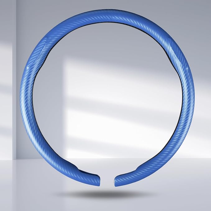 Car Steering Wheel Cover Carbon Fiber Snap On Steering Wheel Accessories Wrap 14.5-15 inch Universal Grip Anti-Skid Protector, Matte Blue