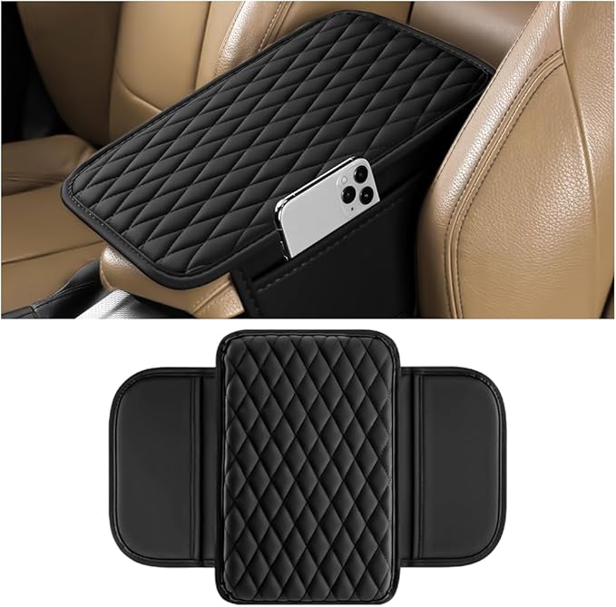 Car Armrest Cushion Pad, Leather Vehicle Center Console Cover with 2 Storage Bags, Non-Slip Automotive Interior Arm Rest Seat Box Cover Accessories, Universal for SUV RV Sedan (Black)