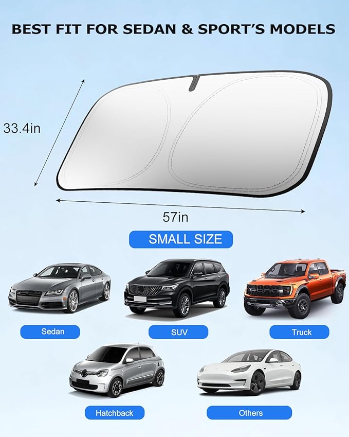DMJN Windshield Sun Shade - Small, Car Sunshade for Front Windshield [100% Efficient Block UV & Scorching Sun] UPF50+ Heat Block - Protect Interior & Keep Cooler