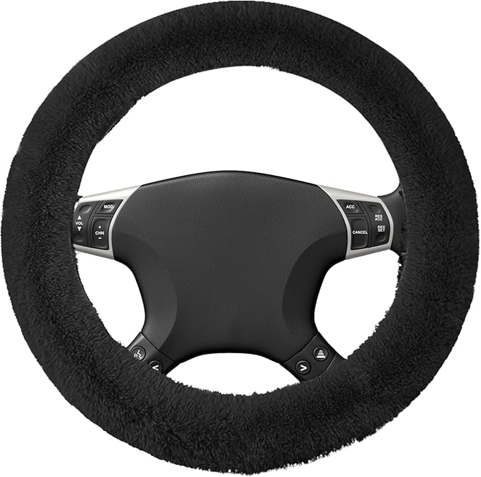Wuyaoyao Fuzzy Car Steering Wheel Cover, 15'' Soft Auto Steering Wheel Protector for Warm Winter, Elastic Anti-Slip Fluffy Wheel Covers, Car Accessories for Women and Men (Black)