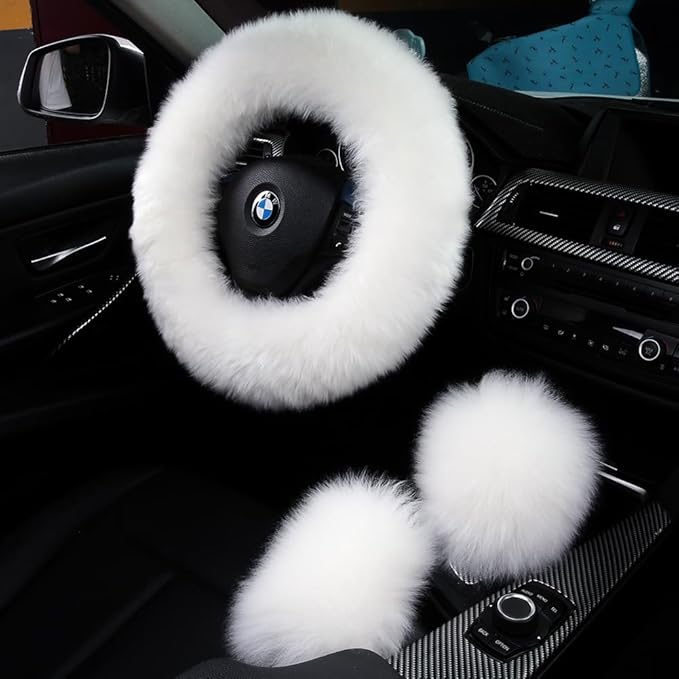 3Pcs Set Fashion Fluffy Fuzzy Wool Fur Soft Car Steering Wheel Cover with Handbrake Cover & Gear Shift Cover for Women/Girls/Ladies Auto Long Wool Accessories, White