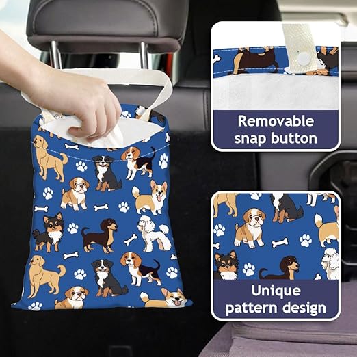 Various Dogs Print Car Trash Bag Hanging Garbage Bag with Snap Buttons Car-Back Seat Trash Storage Portable Dustbin for Car Interior Accessories Travel Camping