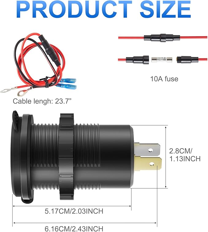 12V USB Outlet Wire USB Charger Multi Port, Dual PD3.0 USB-C and Quick Charge3.0 Car Port Socket with Power Switch, Fast Charge for Phone lPad Android Phones, Suitable for Car Boat RV Marine ATV