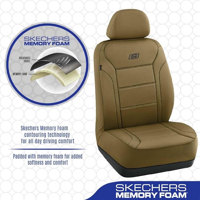 Skechers Memory Foam Car Seat Covers, Lycra Fabric Seat Covers, Seat Cover Full Set Airbag Compatible, Automotive Comfort Protection for Most Cars,Trucks, SUVs, All Brown